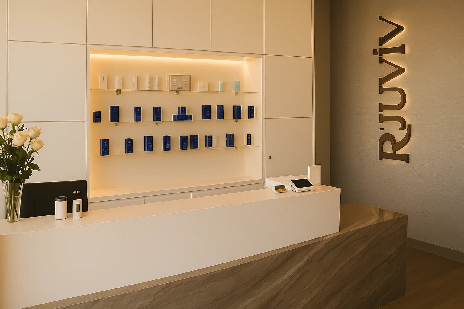 Curated skincare retail shelving