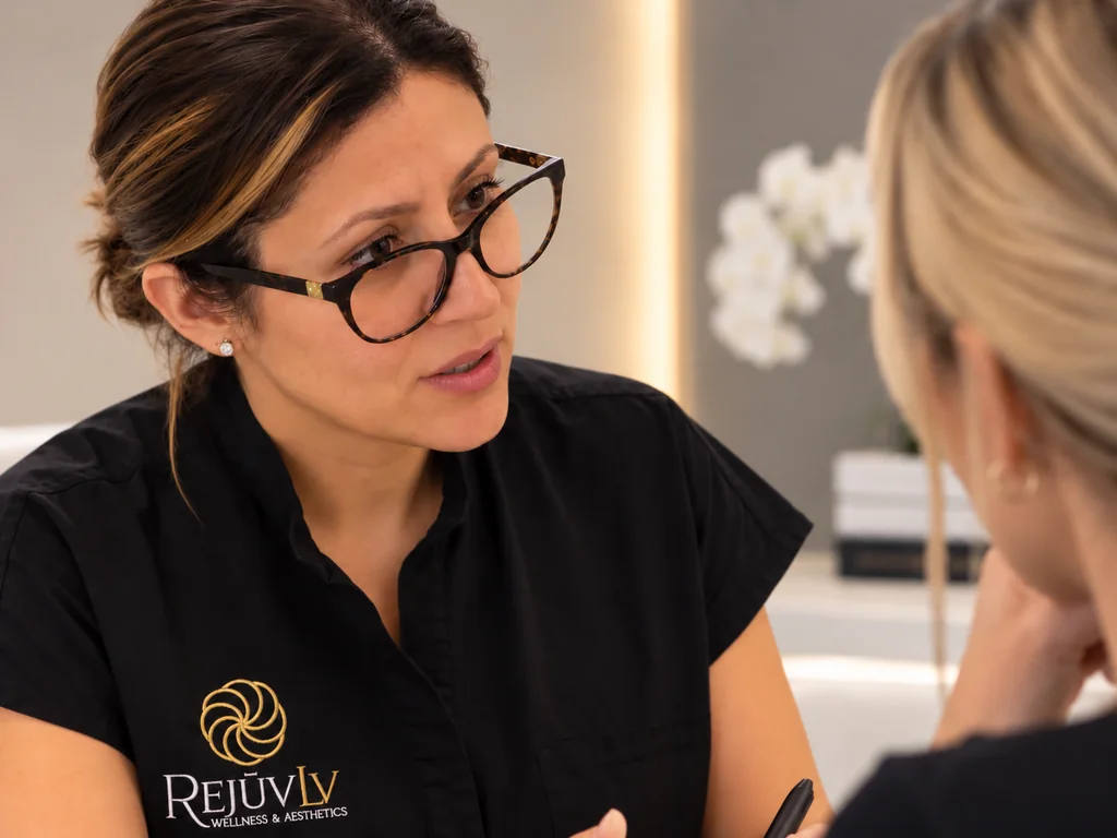 Maria McPhee in consultation with a guest at RejuvLV